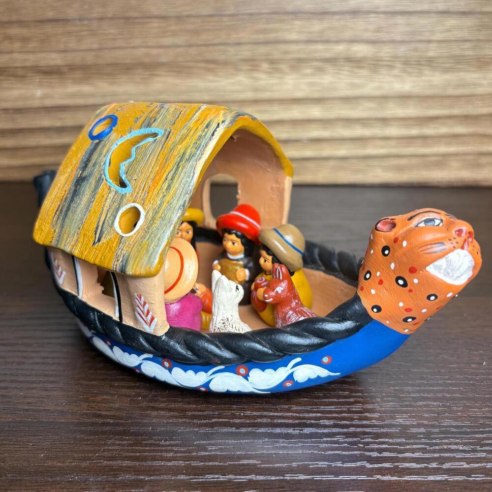 Handmade Peruvian Clay Nativity Scene in Jaguar Canoe: Folk Art Christmas Crèche